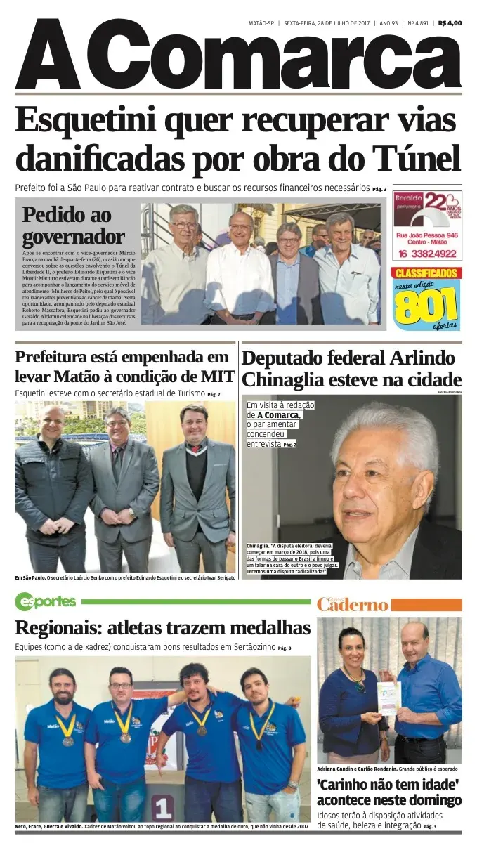 Primeira página da edição 4891 de A Comarca, 28 de julho de 2017