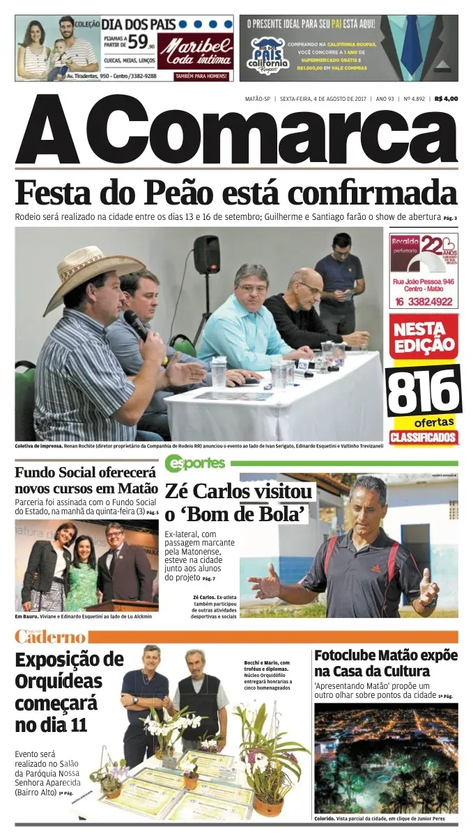 Primeira página da edição 4892 de A Comarca, 4 de agosto de 2017