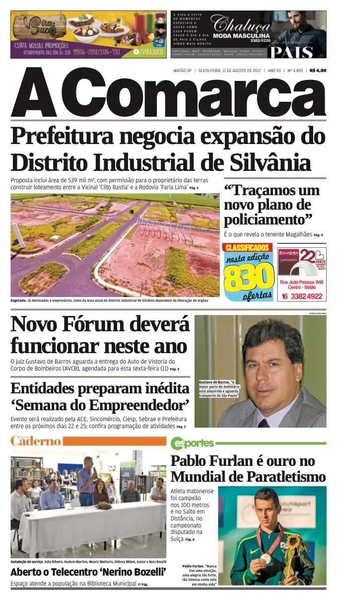 Primeira página da edição 4893 de A Comarca, 11 de agosto de 2017