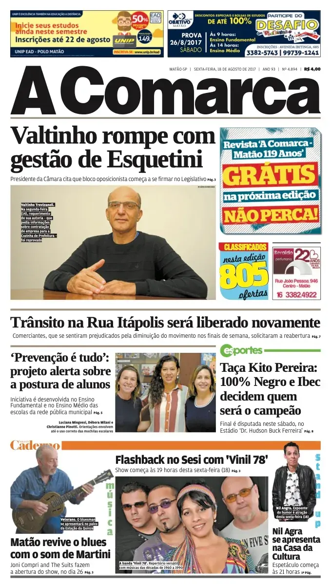 Primeira página da edição 4894 de A Comarca, 18 de agosto de 2017