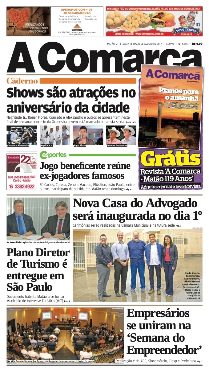 Primeira página da edição 4895 de A Comarca, 25 de agosto de 2017
