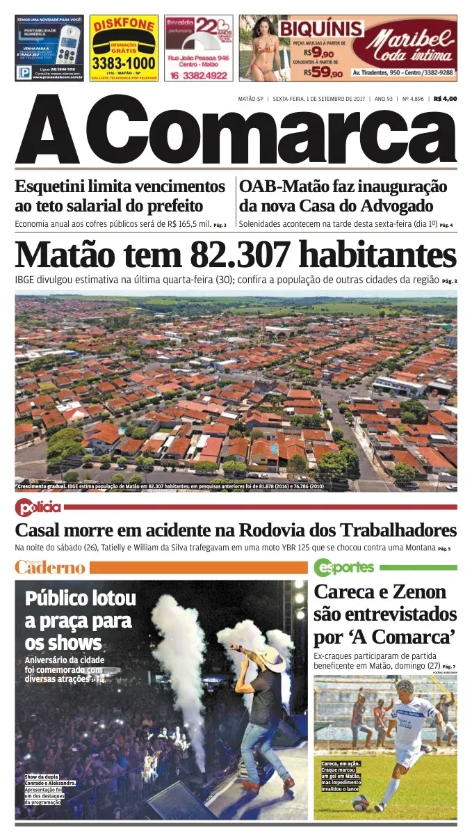 Primeira página da edição 4896 de A Comarca, 1 de setembro de 2017