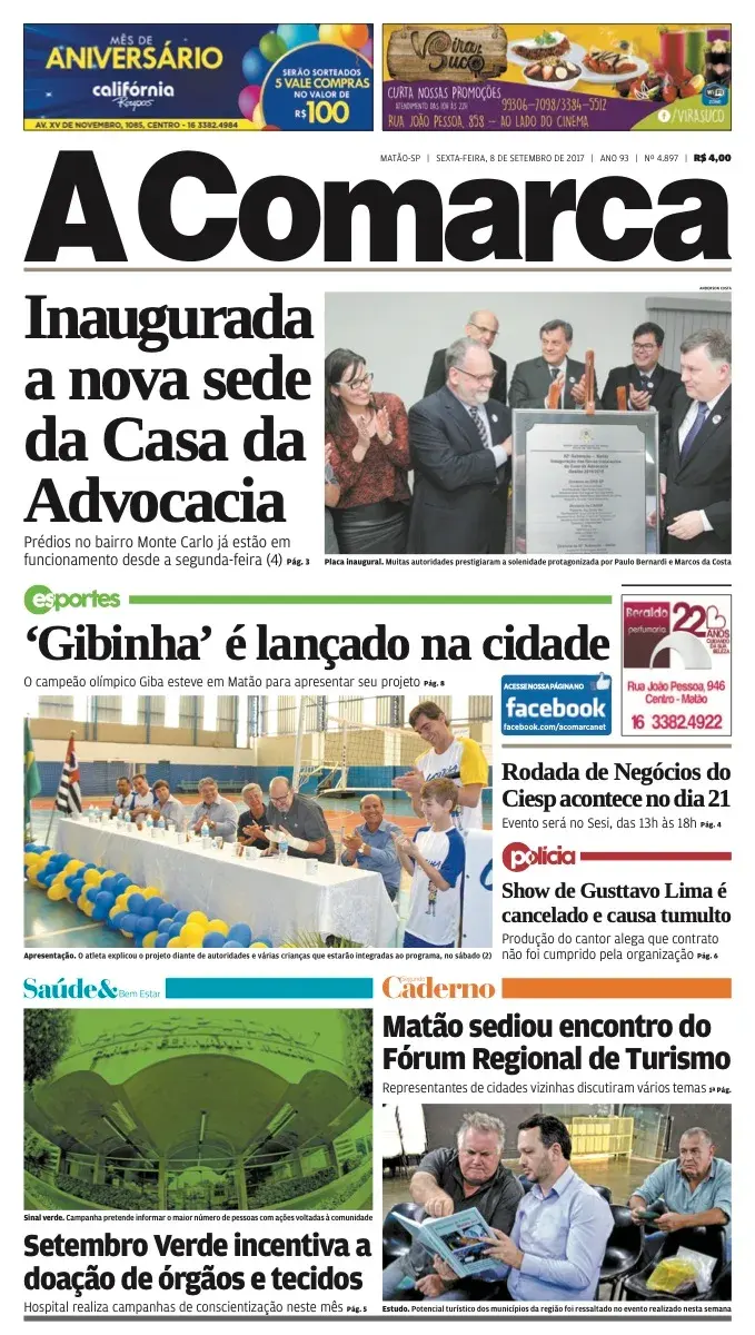 Primeira página da edição 4897 de A Comarca, 8 de setembro de 2017