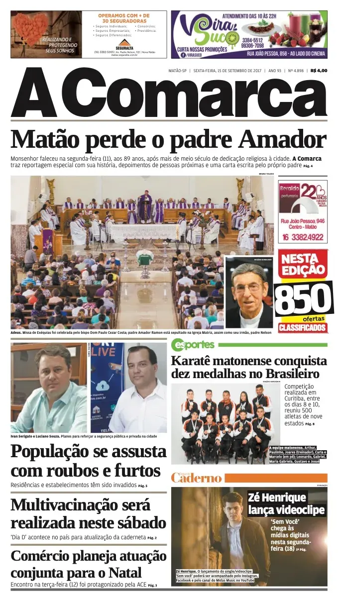 Primeira página da edição 4898 de A Comarca, 15 de setembro de 2017