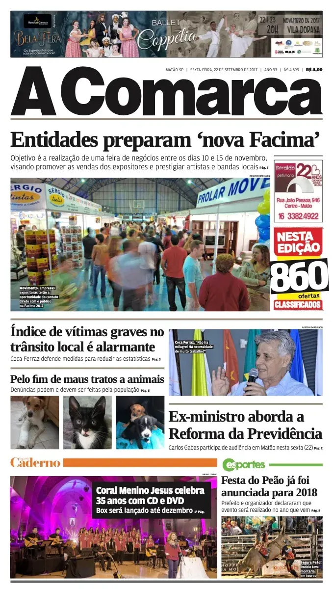 Primeira página da edição 4899 de A Comarca, 22 de setembro de 2017