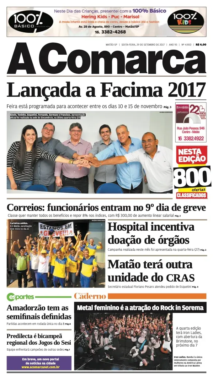 Primeira página da edição 4900 de A Comarca, 29 de setembro de 2017