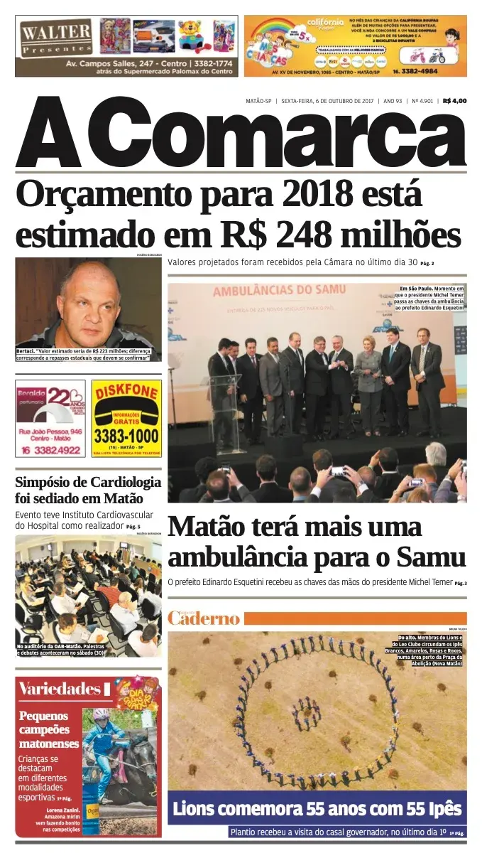 Primeira página da edição 4901 de A Comarca, 6 de outubro de 2017