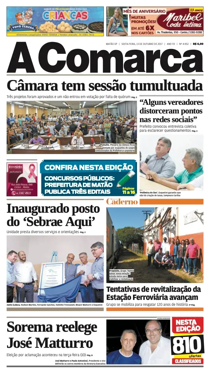 Primeira página da edição 4902 de A Comarca, 13 de outubro de 2017
