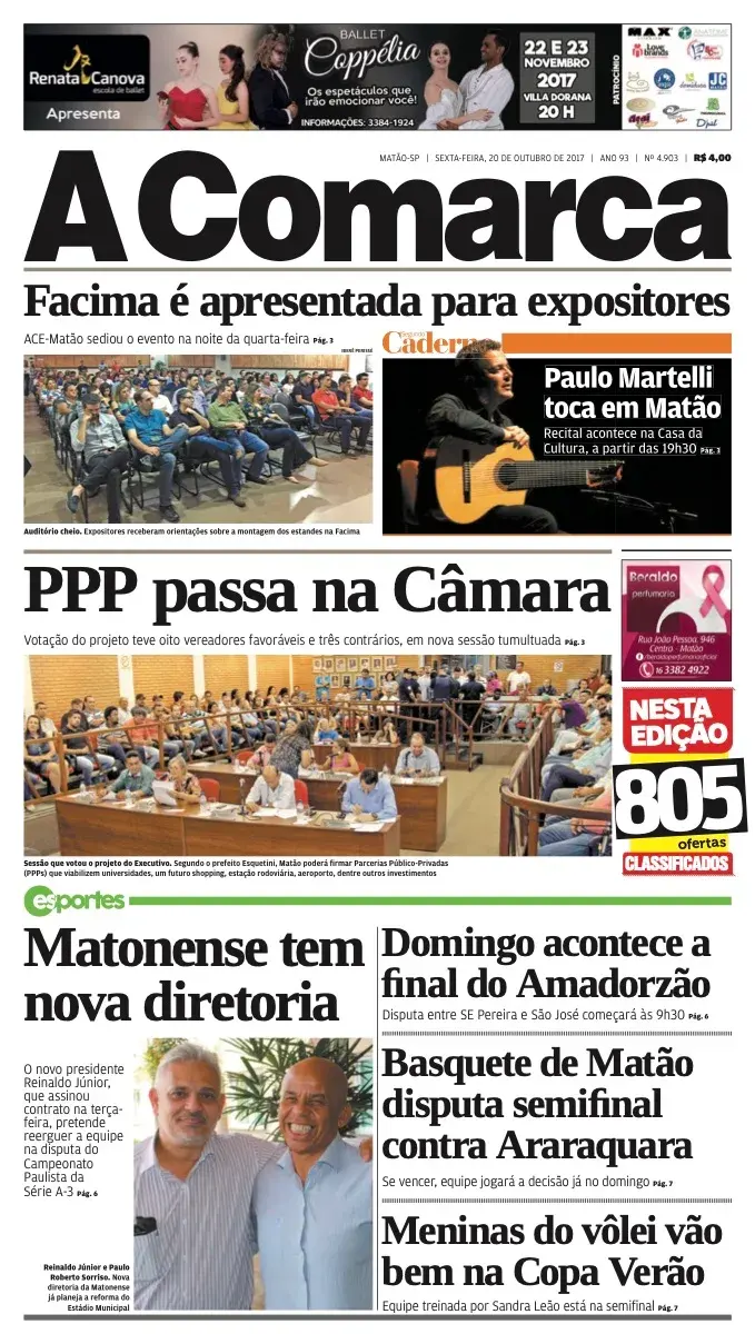Primeira página da edição 4903 de A Comarca, 20 de outubro de 2017