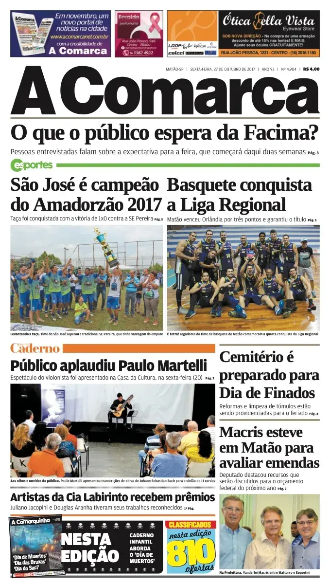 Primeira página da edição 4904 de A Comarca, 27 de outubro de 2017