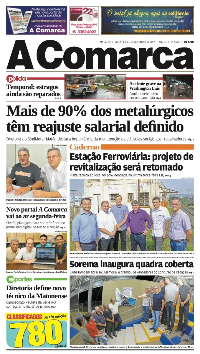 Primeira página da edição 4905 de A Comarca, 3 de novembro de 2017
