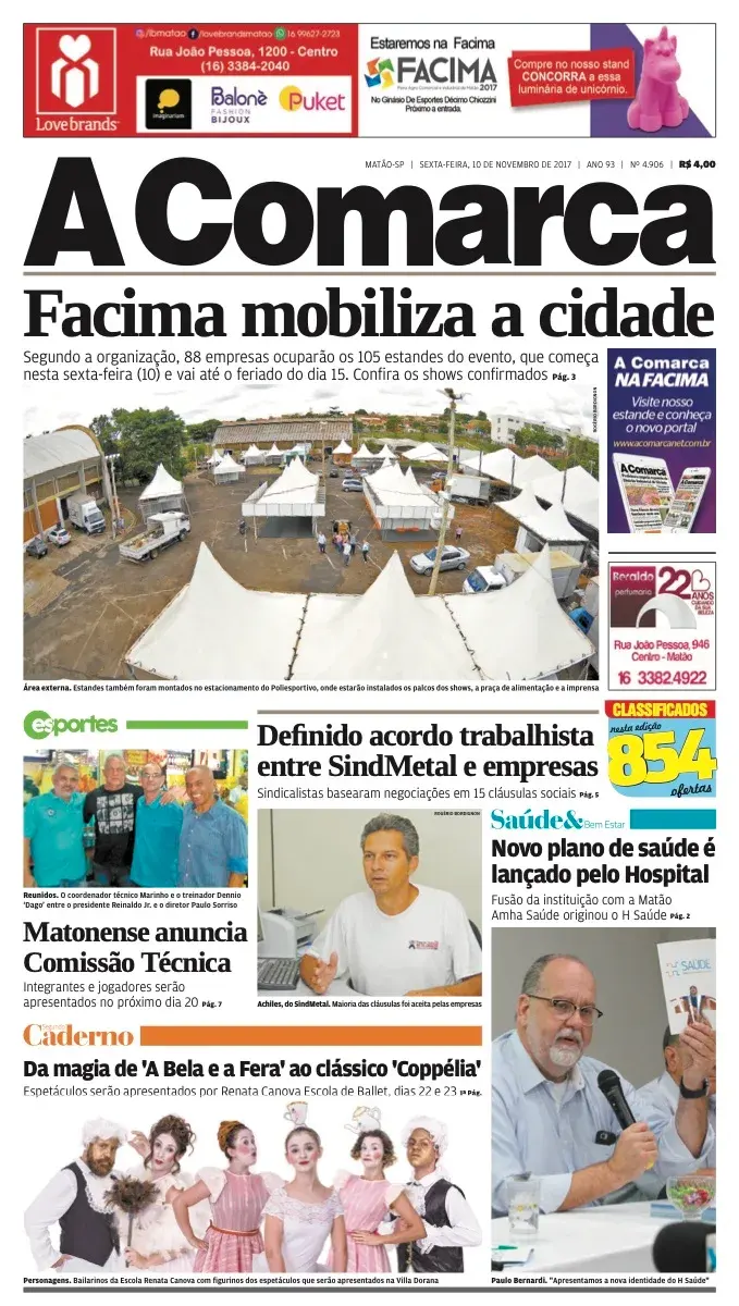 Primeira página da edição 4906 de A Comarca, 10 de novembro de 2017