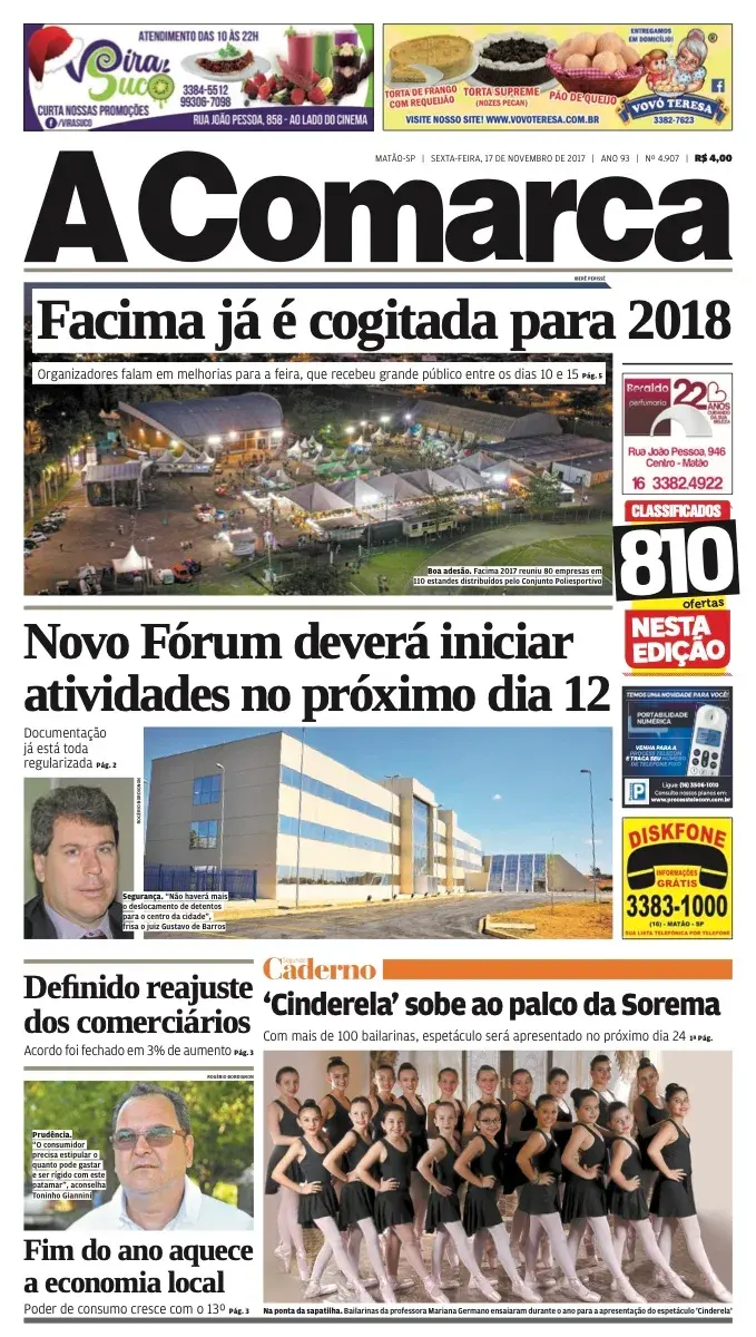 Primeira página da edição 4907 de A Comarca, 17 de novembro de 2017