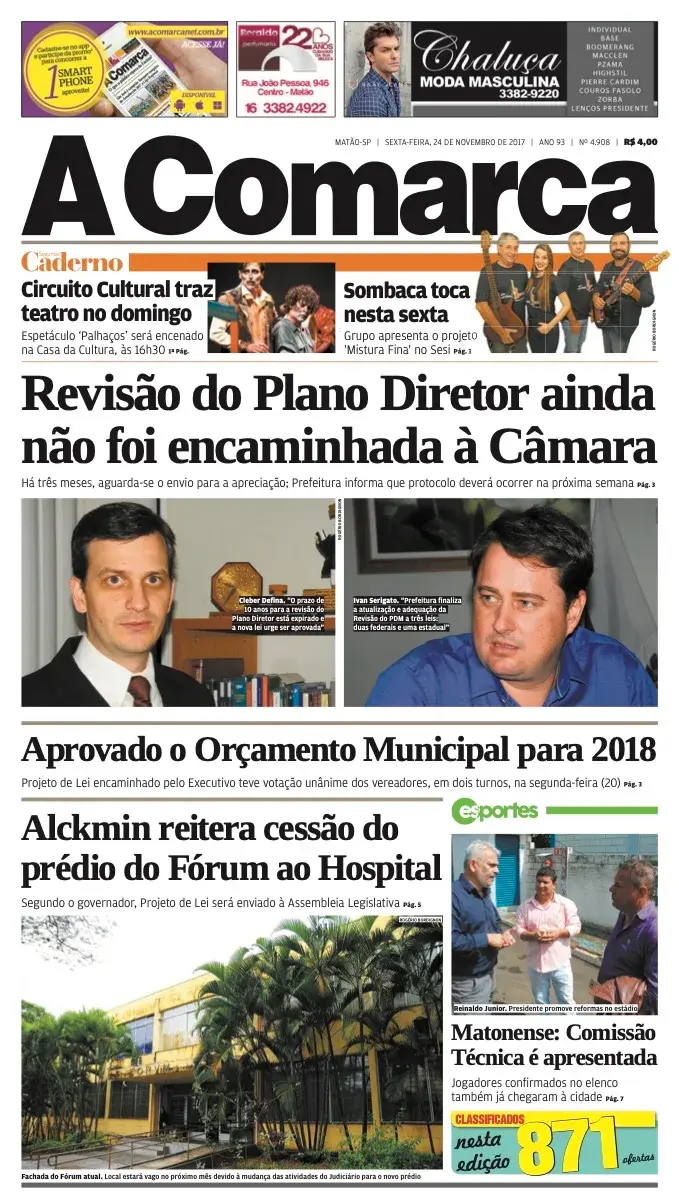 Primeira página da edição 4908 de A Comarca, 24 de novembro de 2017