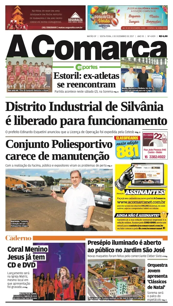 Primeira página da edição 4909 de A Comarca, 1 de dezembro de 2017
