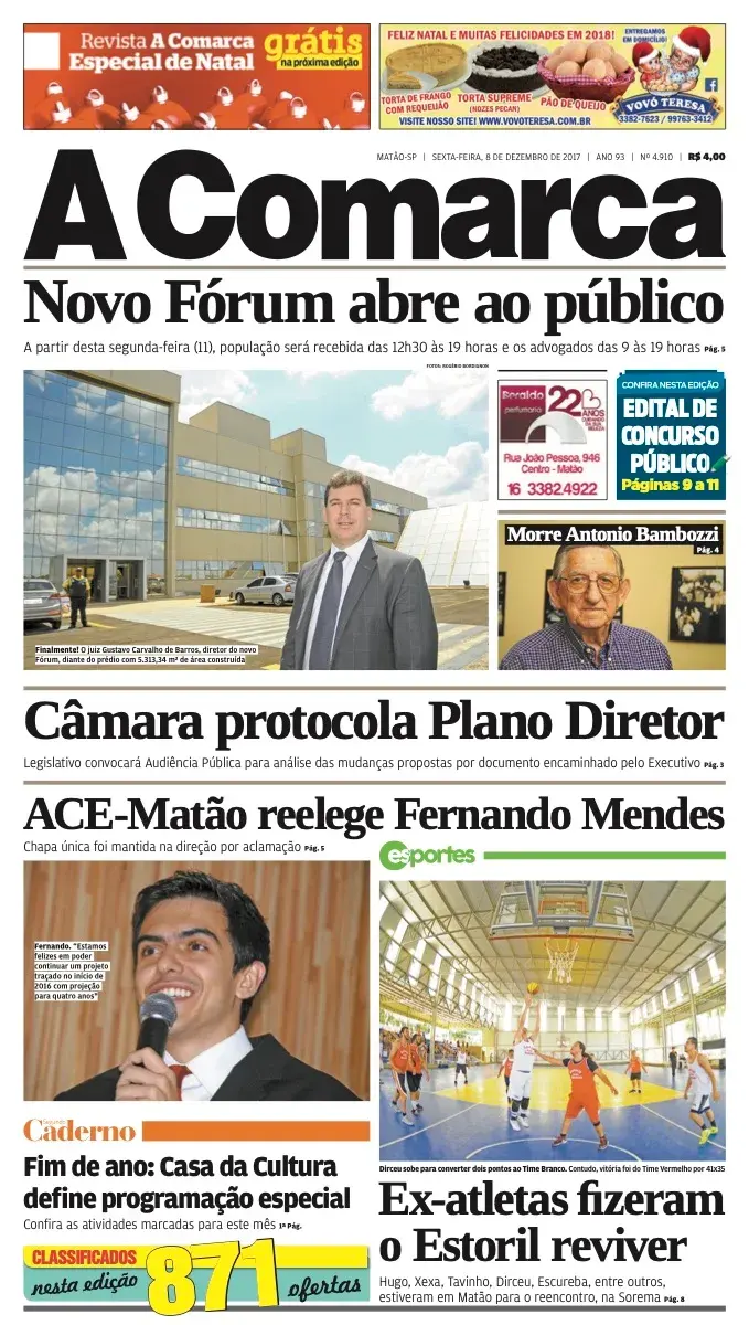Primeira página da edição 4910 de A Comarca, 8 de dezembro de 2017