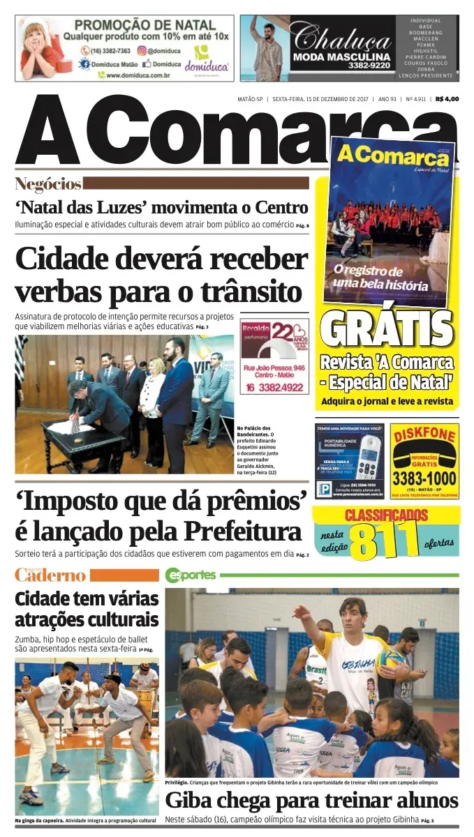 Primeira página da edição 4911 de A Comarca, 15 de dezembro de 2017