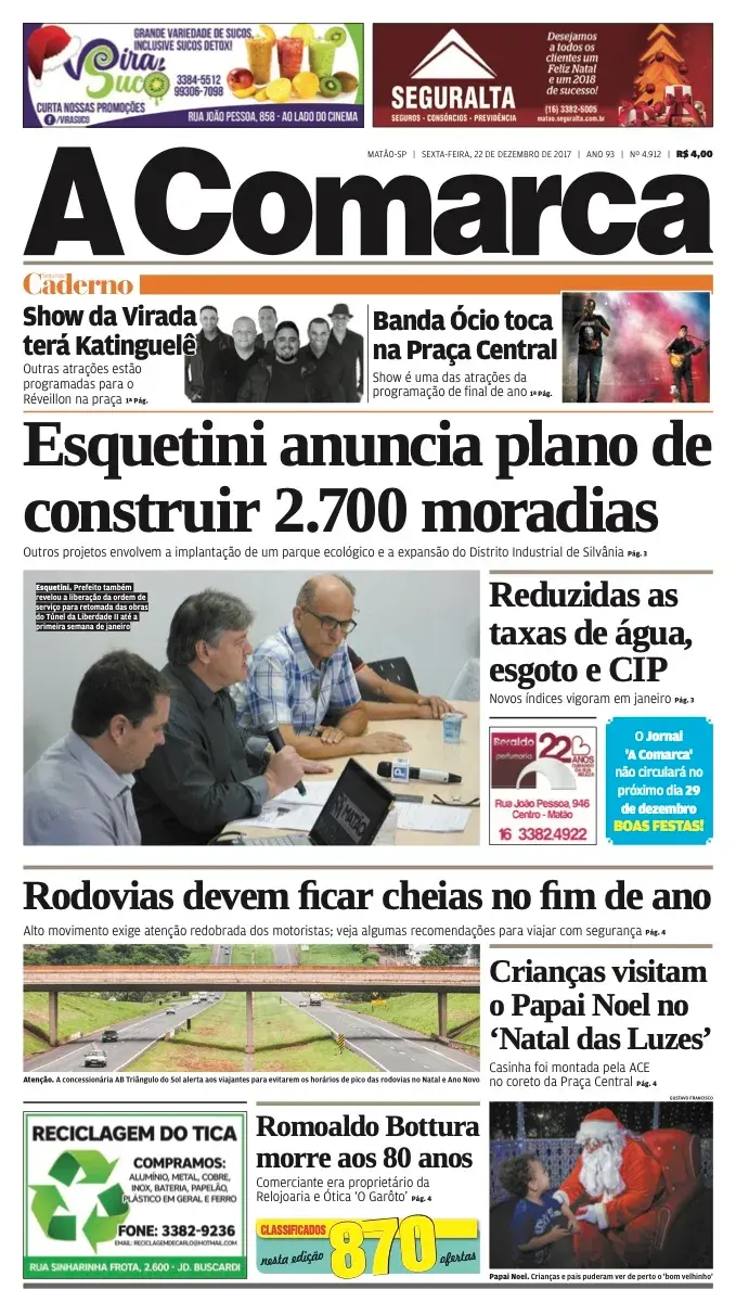 Primeira página da edição 4912 de A Comarca, 22 de dezembro de 2017