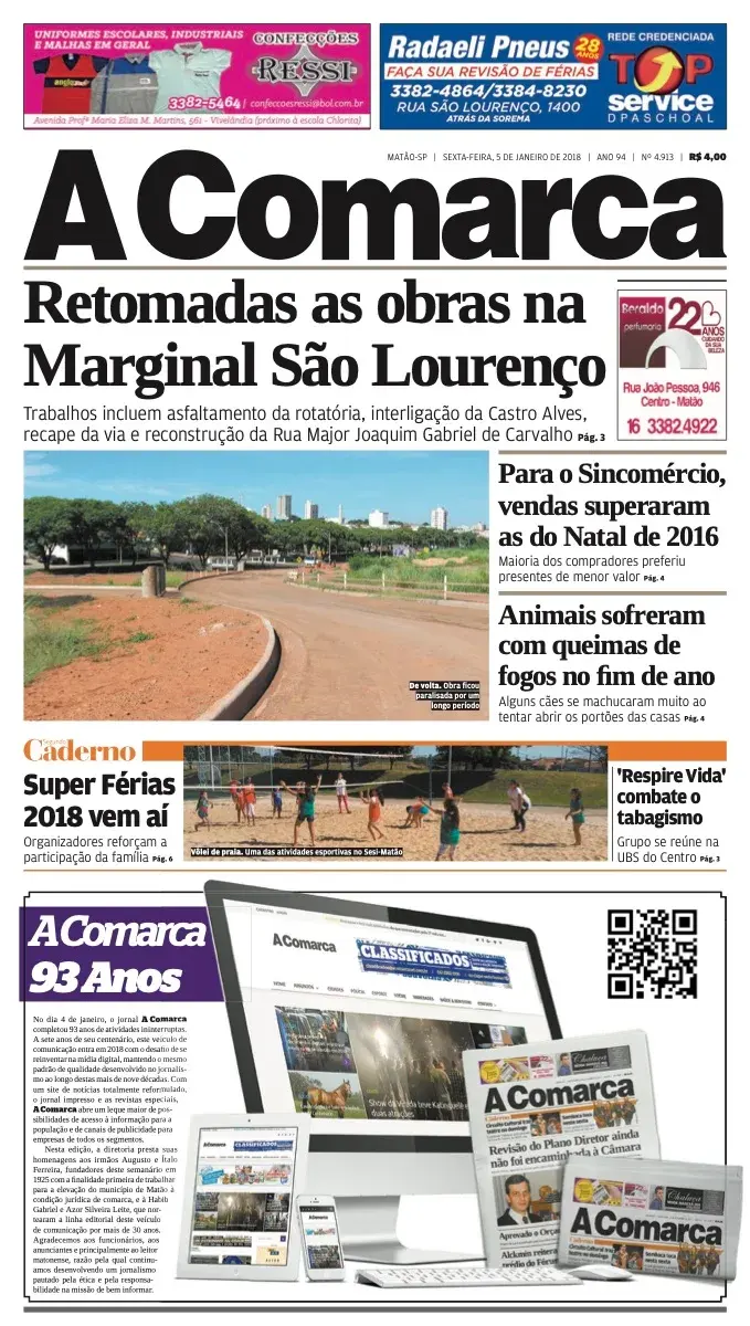 Primeira página da edição 4913 de A Comarca, 5 de janeiro de 2018