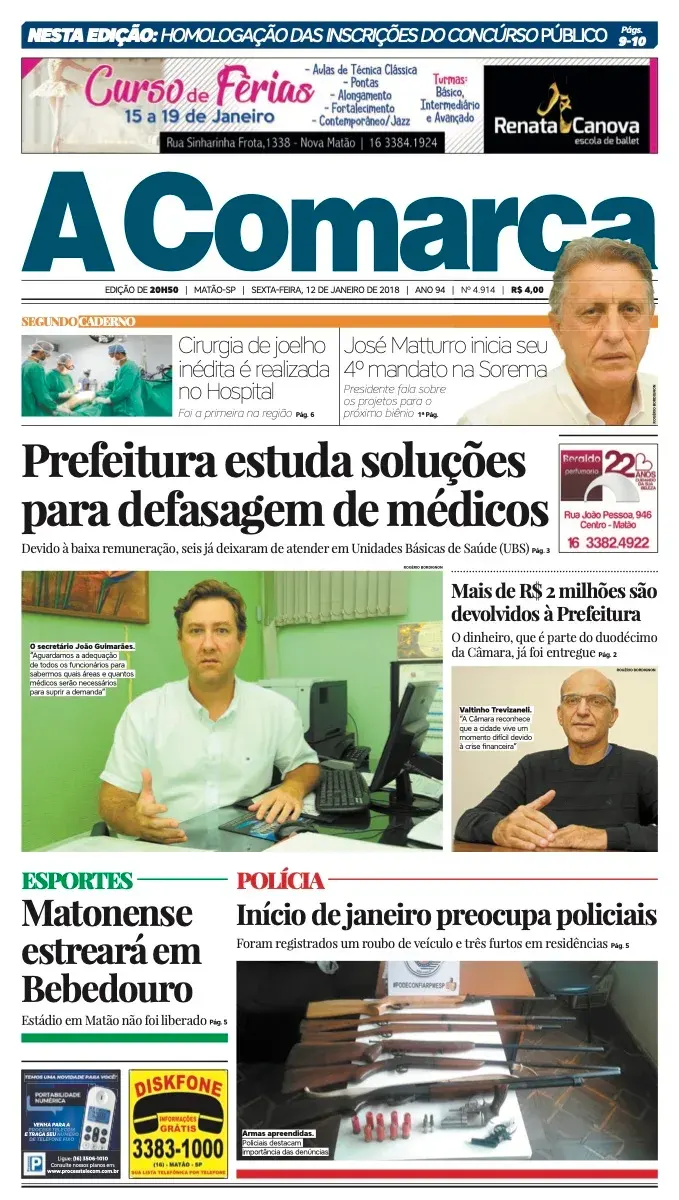 Primeira página da edição 4914 de A Comarca, 12 de janeiro de 2018