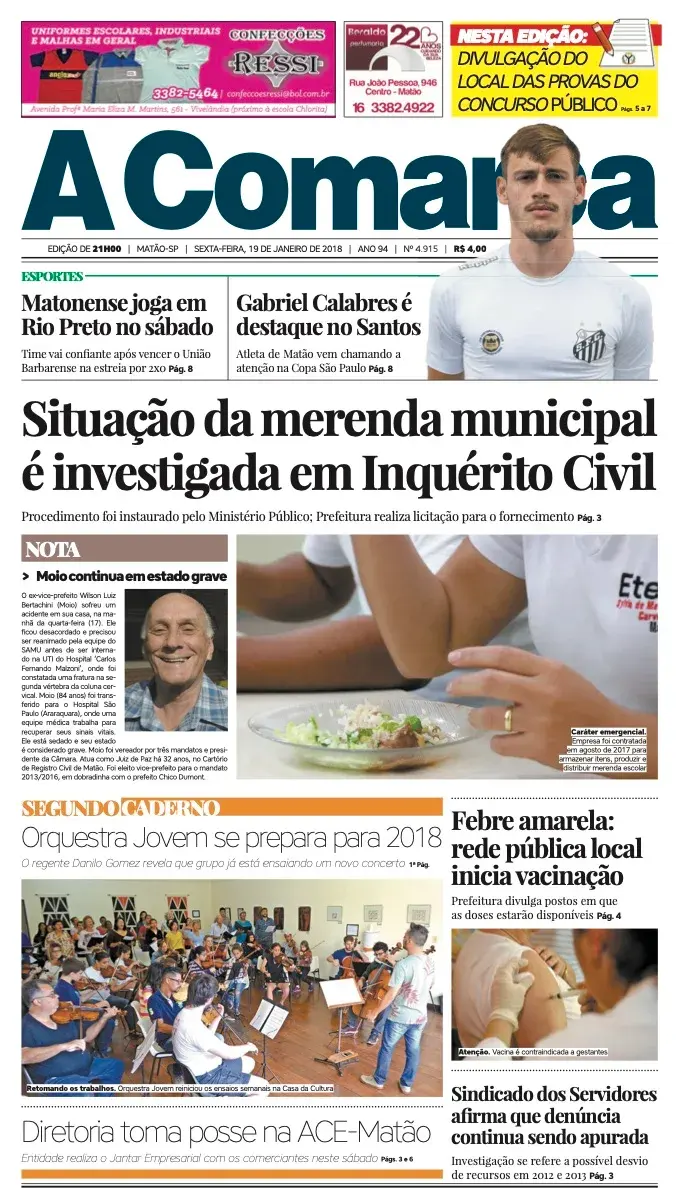 Primeira página da edição 4915 de A Comarca, 19 de janeiro de 2018