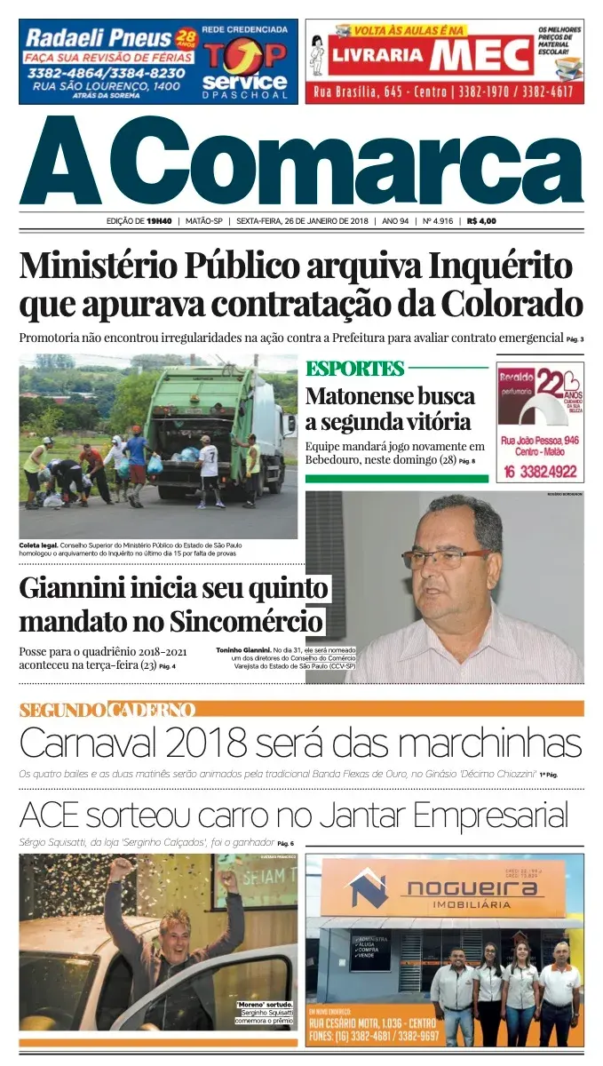 Primeira página da edição 4916 de A Comarca, 26 de janeiro de 2018