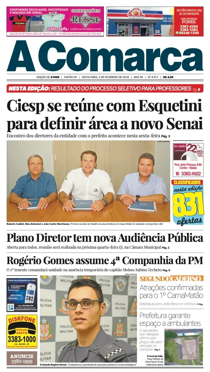 Primeira página da edição 4917 de A Comarca, 2 de fevereiro de 2018