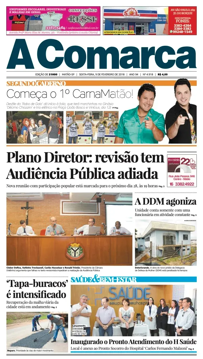 Primeira página da edição 4918 de A Comarca, 9 de fevereiro de 2018
