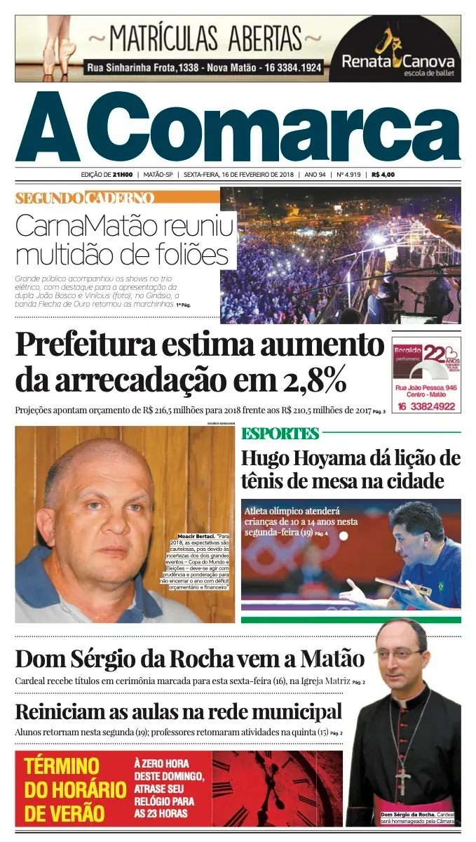 Primeira página da edição 4919 de A Comarca, 16 de fevereiro de 2018