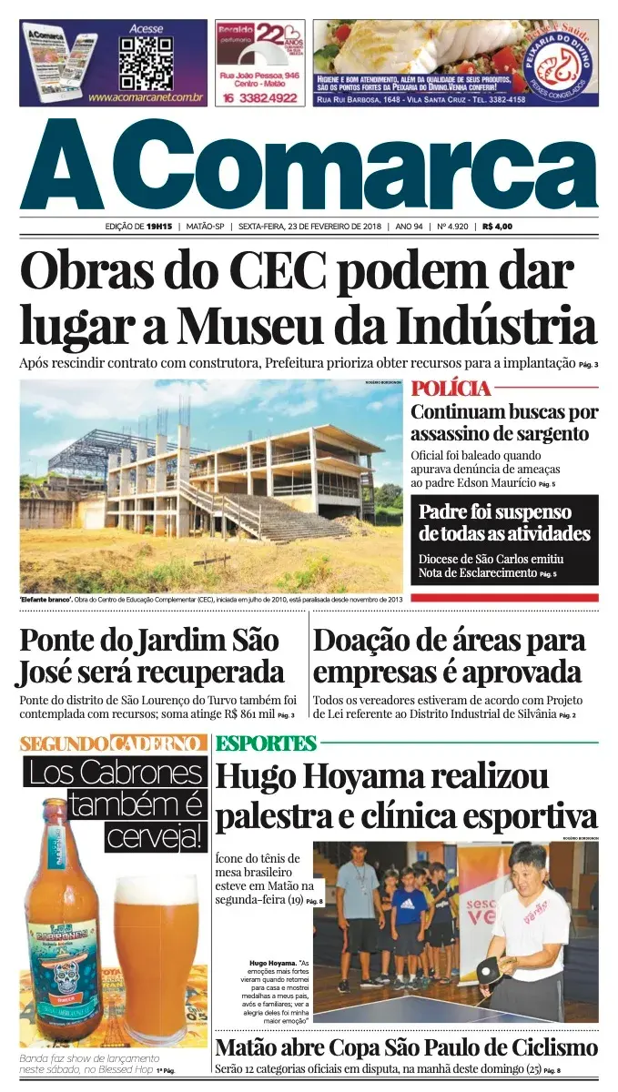 Primeira página da edição 4920 de A Comarca, 23 de fevereiro de 2018