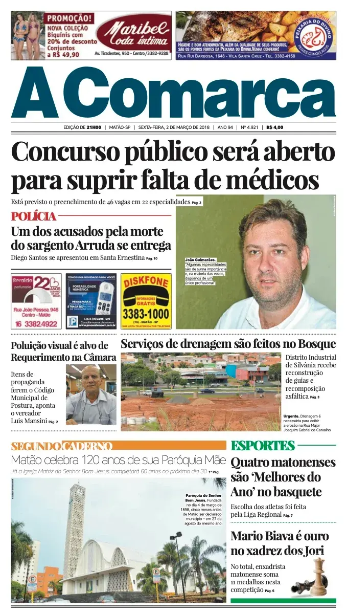 Primeira página da edição 4921 de A Comarca, 2 de março de 2018
