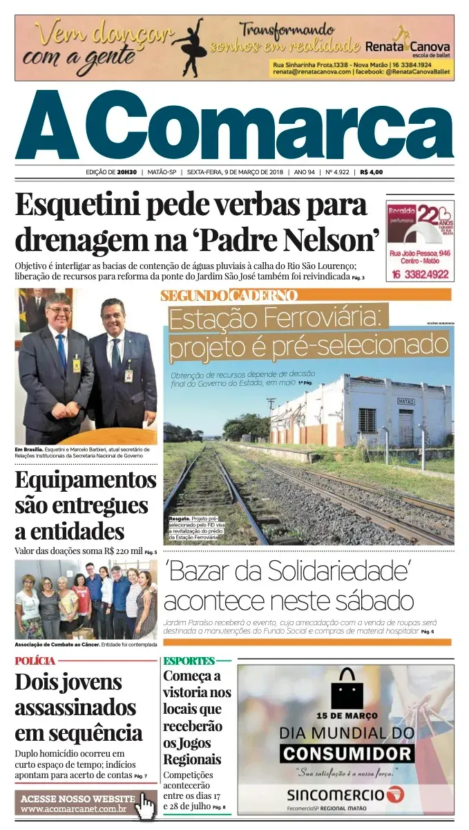 Primeira página da edição 4922 de A Comarca, 9 de março de 2018