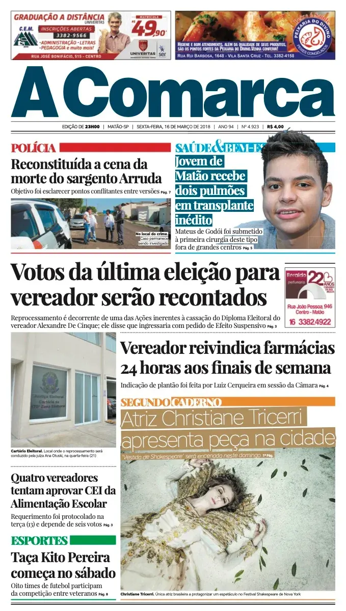 Primeira página da edição 4923 de A Comarca, 16 de março de 2018