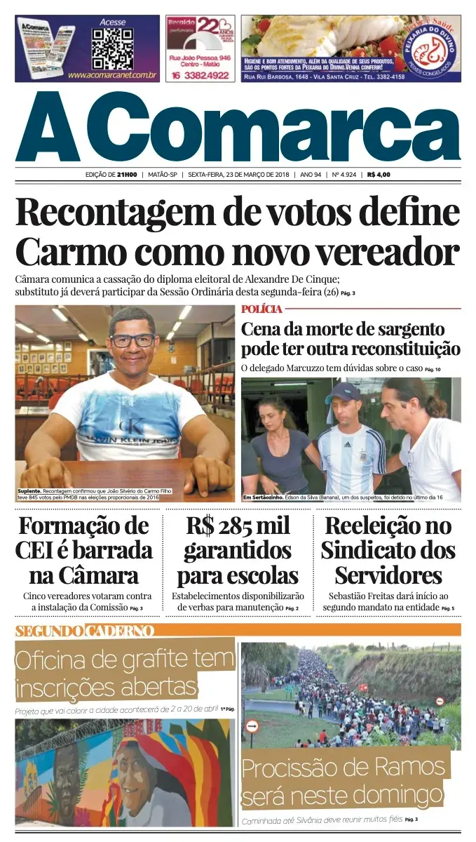 Primeira página da edição 4924 de A Comarca, 23 de março de 2018