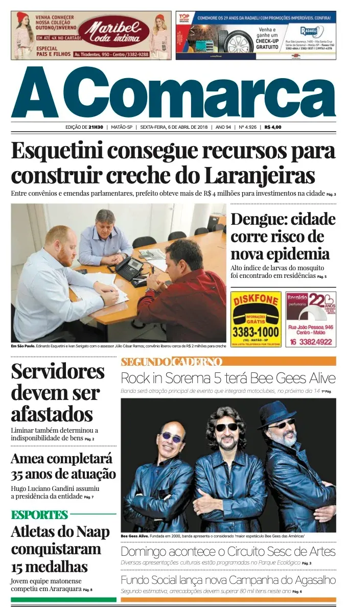 Primeira página da edição 4926 de A Comarca, 6 de abril de 2018
