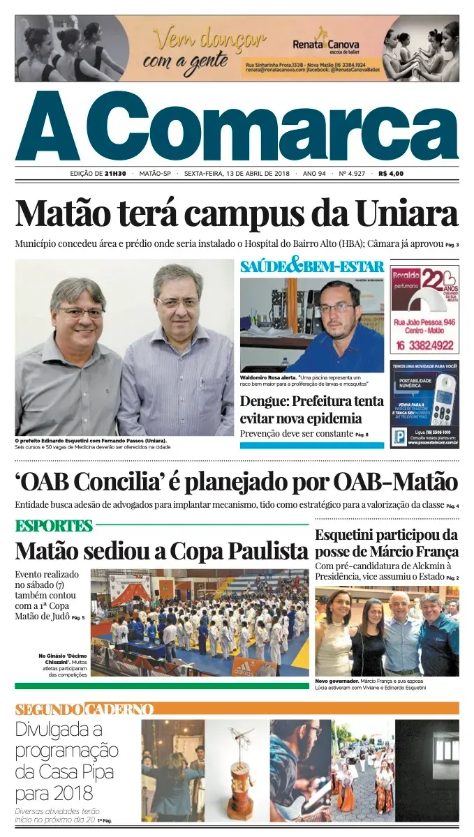 Primeira página da edição 4927 de A Comarca, 13 de abril de 2018