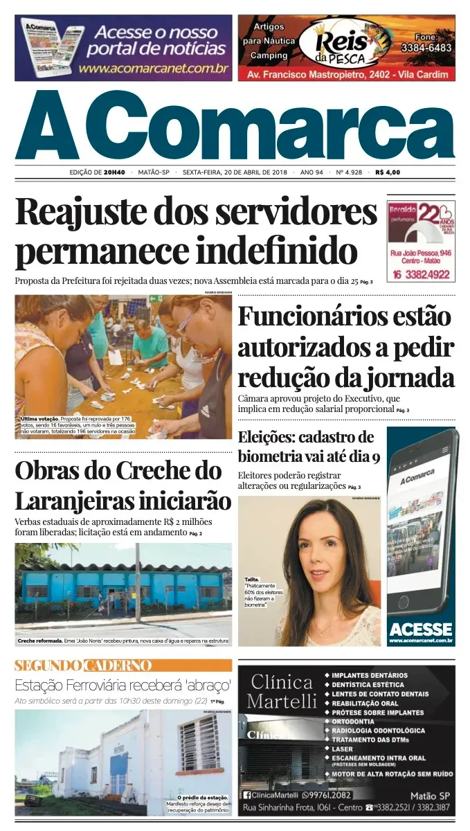 Primeira página da edição 4928 de A Comarca, 20 de abril de 2018