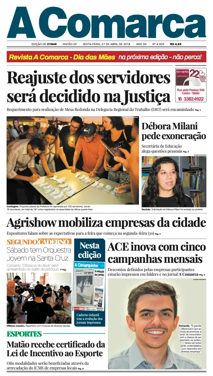 Primeira página da edição 4929 de A Comarca, 27 de abril de 2018