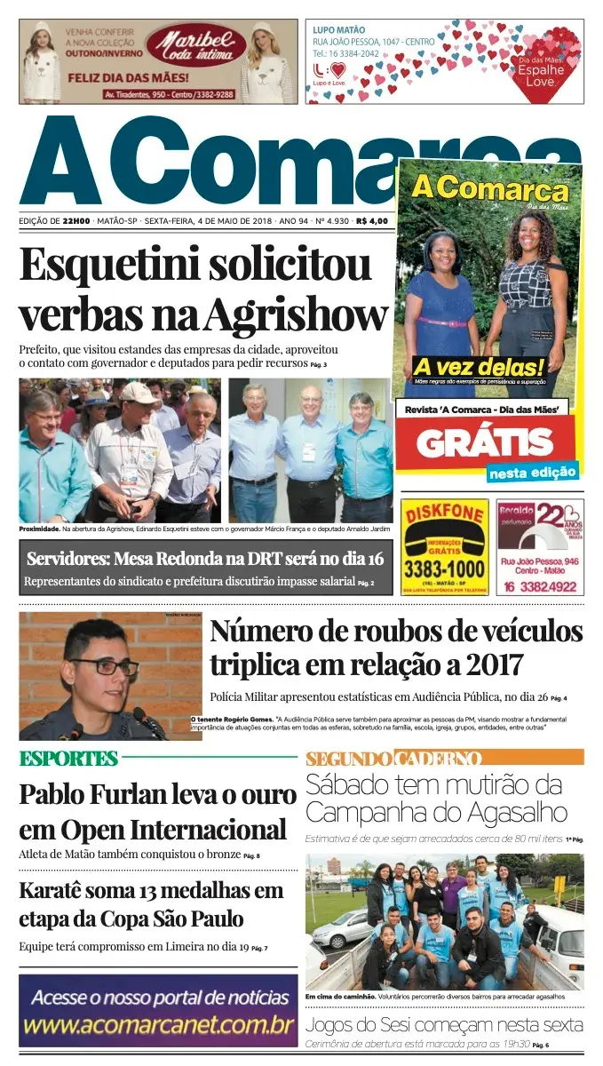 Primeira página da edição 4930 de A Comarca, 4 de maio de 2018