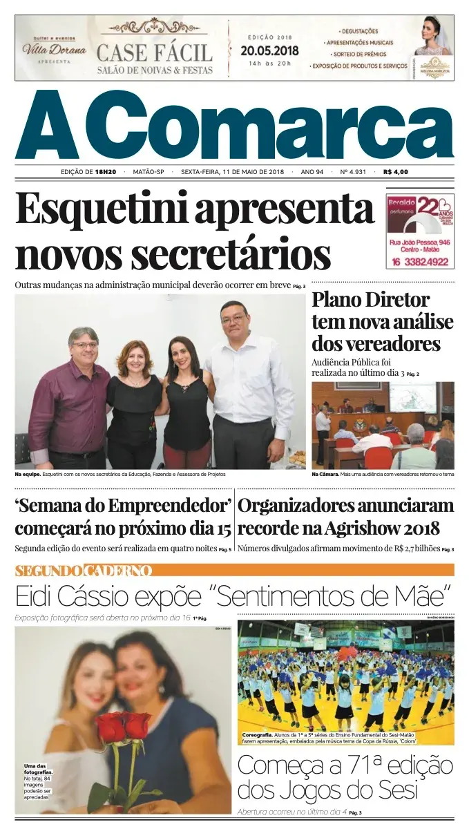 Primeira página da edição 4931 de A Comarca, 11 de maio de 2018