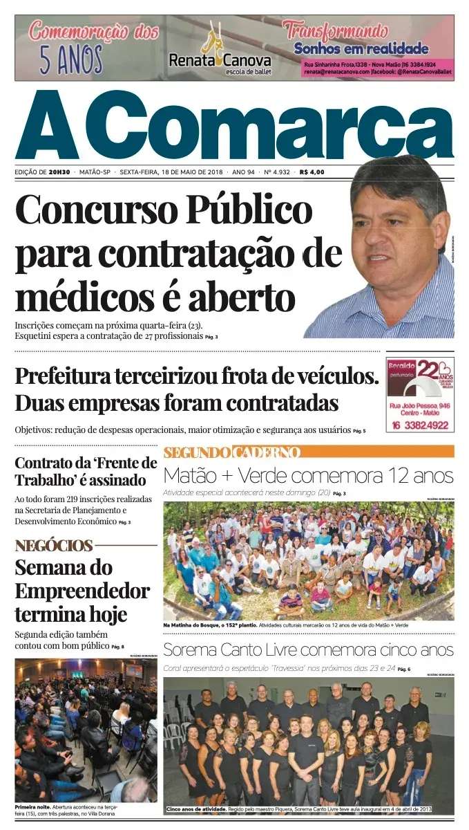 Primeira página da edição 4932 de A Comarca, 18 de maio de 2018