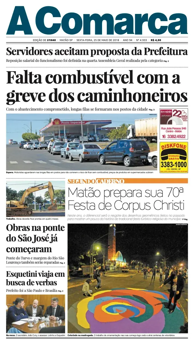 Primeira página da edição 4933 de A Comarca, 25 de maio de 2018