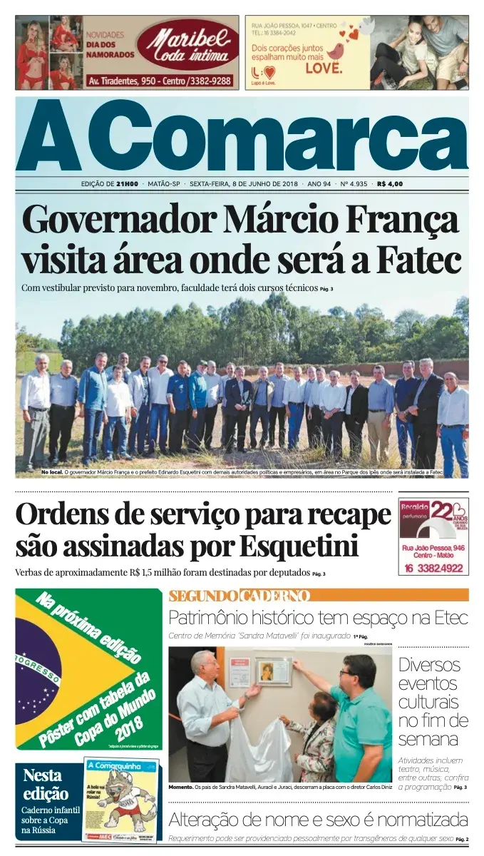 Primeira página da edição 4935 de A Comarca, 8 de junho de 2018