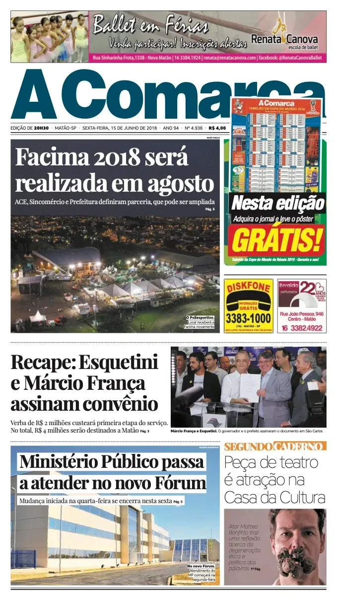 Primeira página da edição 4936 de A Comarca, 15 de junho de 2018