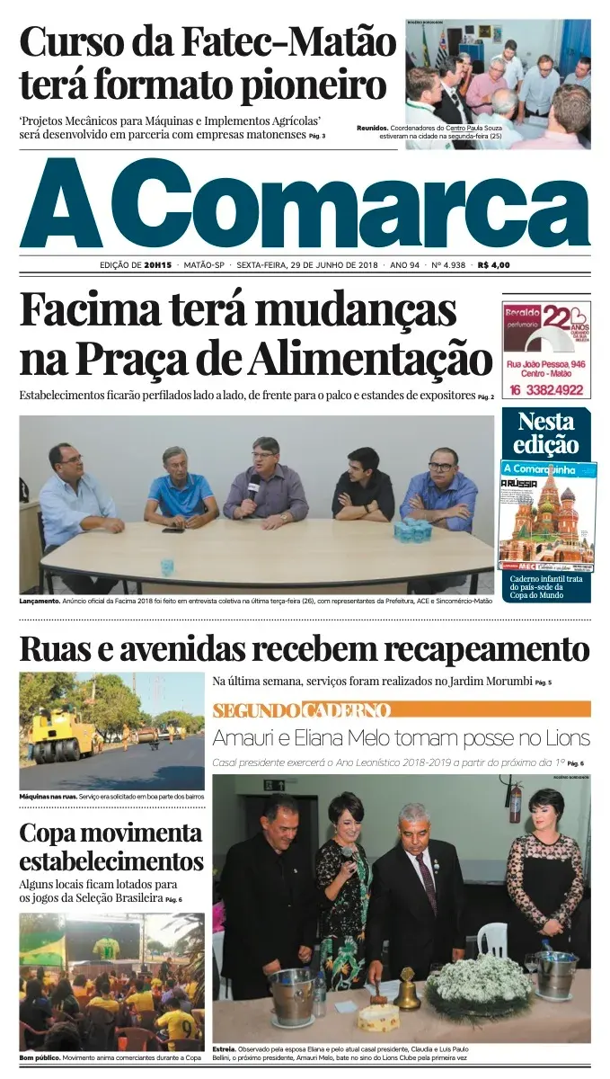 Primeira página da edição 4938 de A Comarca, 29 de junho de 2018