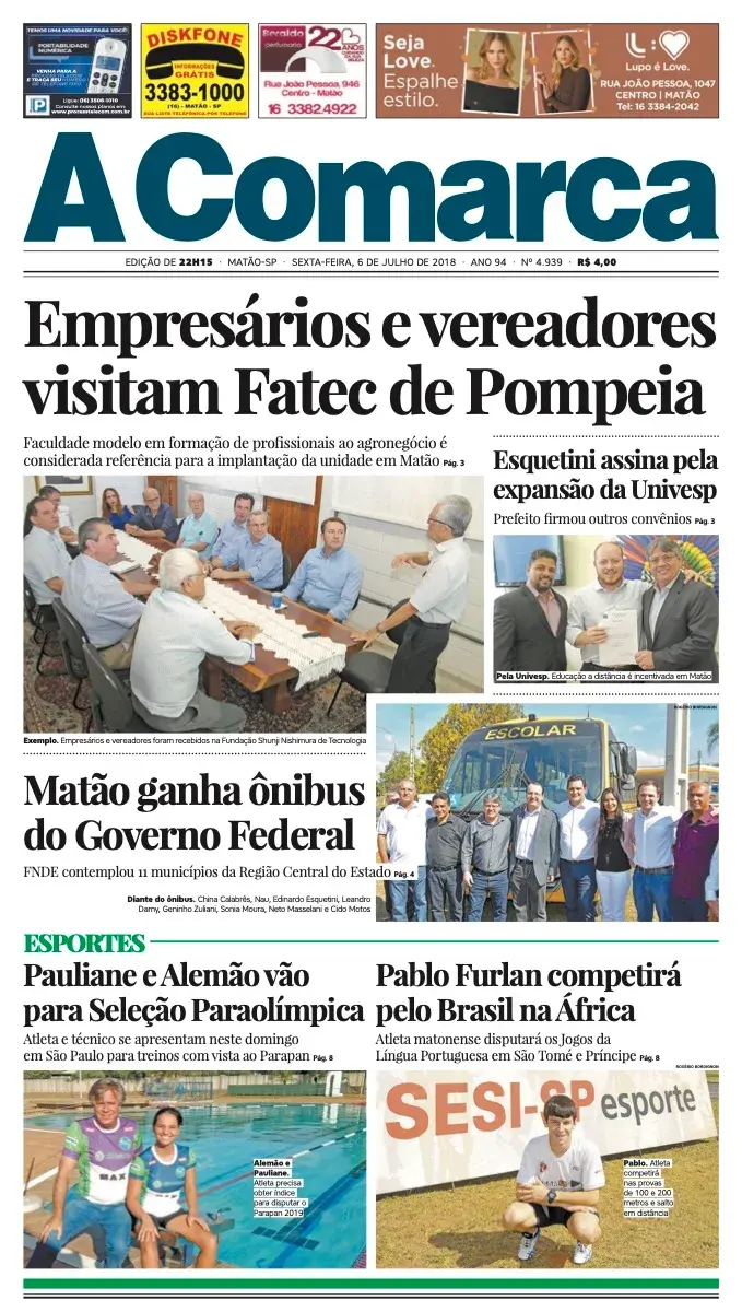 Primeira página da edição 4939 de A Comarca, 6 de julho de 2018