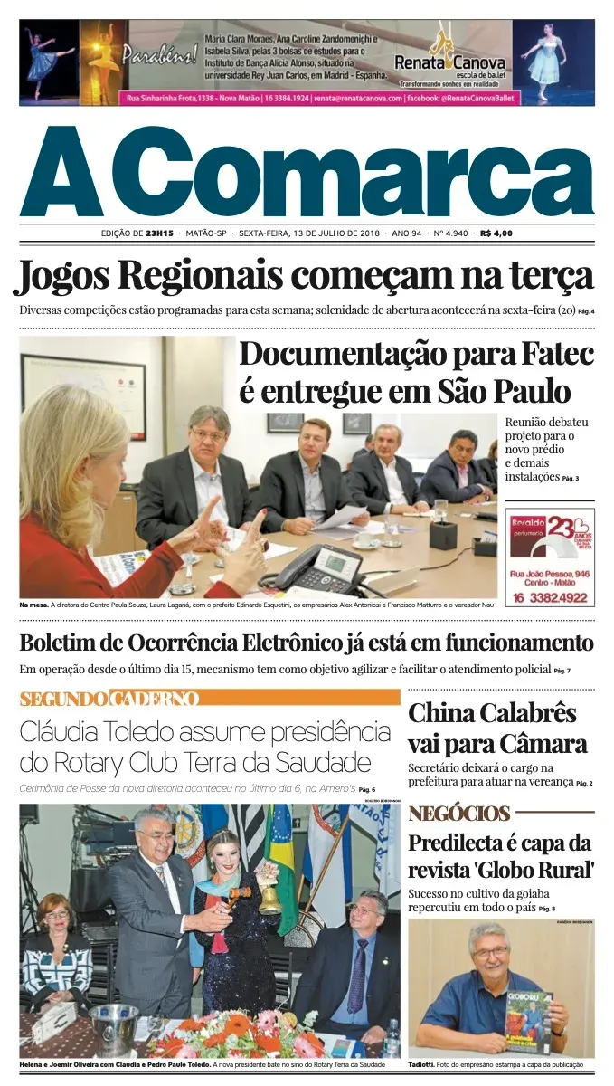 Primeira página da edição 4940 de A Comarca, 13 de julho de 2018