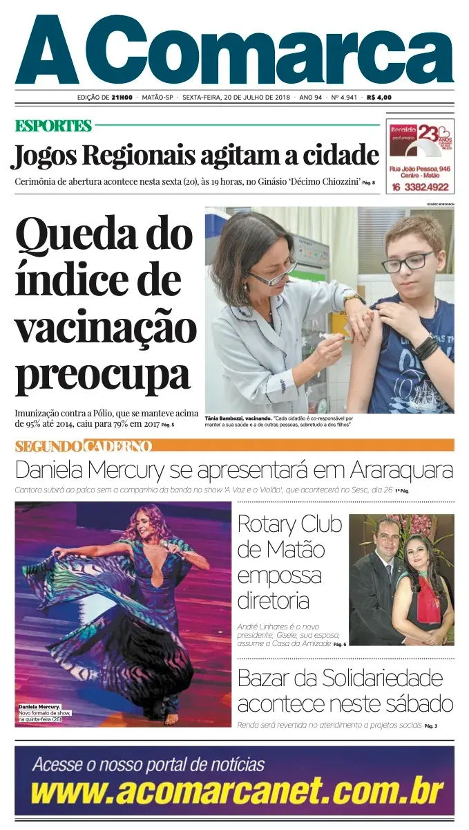Primeira página da edição 4941 de A Comarca, 20 de julho de 2018