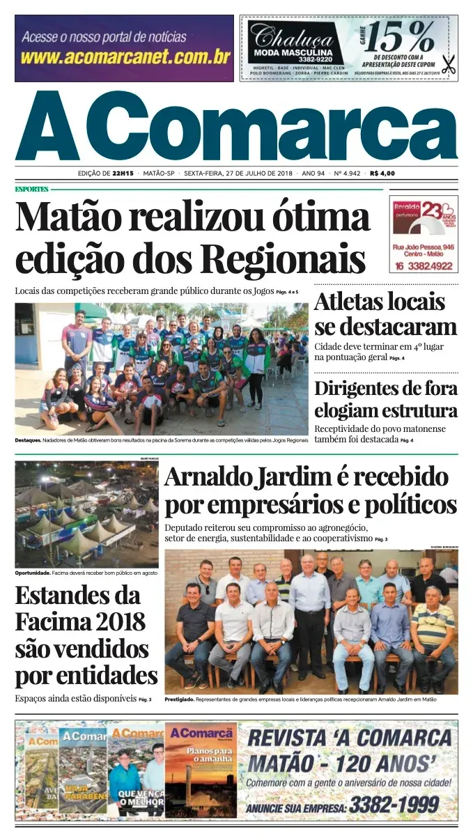 Primeira página da edição 4942 de A Comarca, 27 de julho de 2018