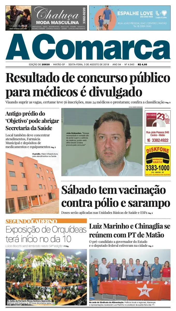 Primeira página da edição 4943 de A Comarca, 3 de agosto de 2018